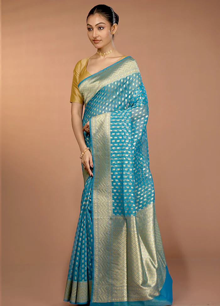 Blue Organza Saree With Blouse Piece - Image 4