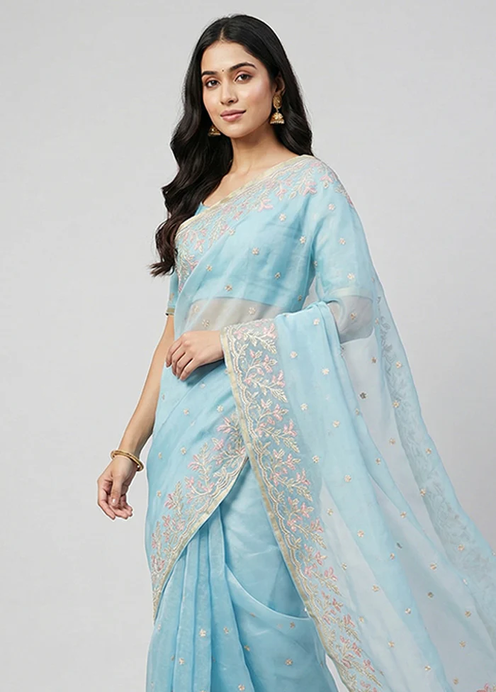 Blue Organza Saree With Blouse Piece - Image 2