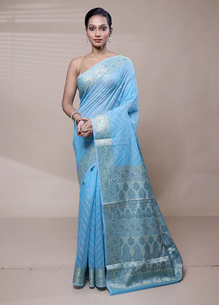 Blue Organza Saree With Blouse Piece - Image 2