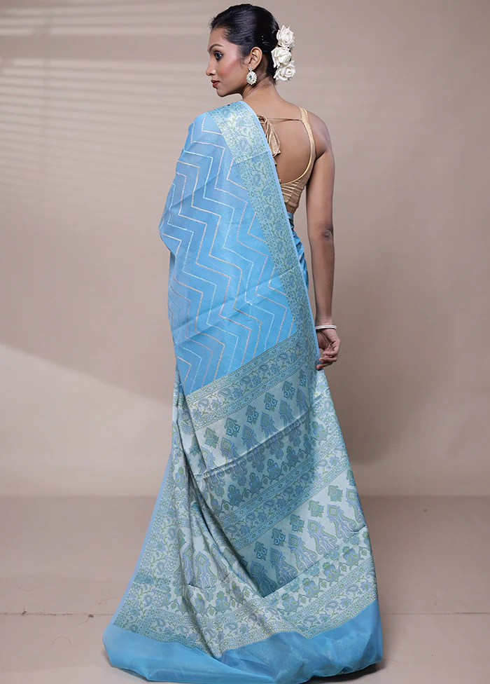Blue Organza Saree With Blouse Piece - Image 3