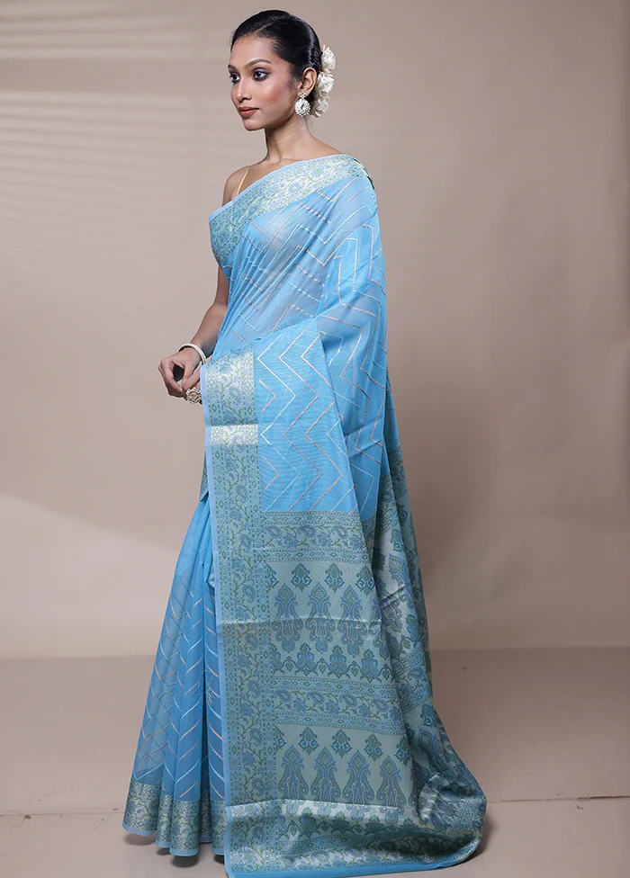 Blue Organza Saree With Blouse Piece - Image 4