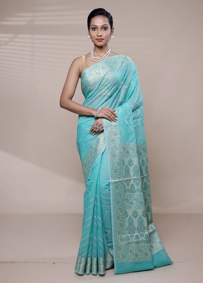 Blue Organza Saree With Blouse Piece - Image 2