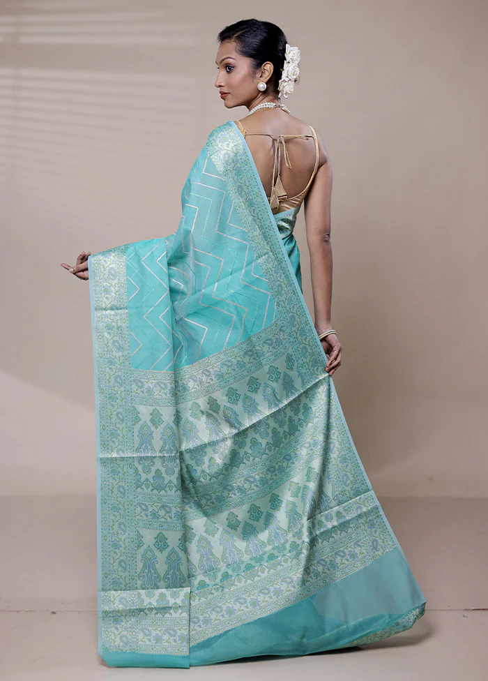 Blue Organza Saree With Blouse Piece - Image 3