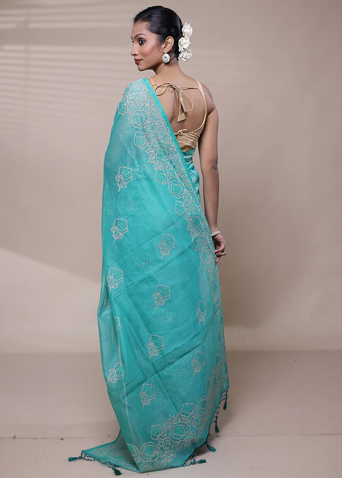 Blue Organza Saree With Blouse Piece - Image 3