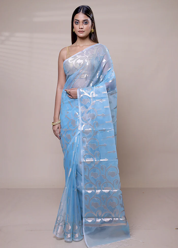 Blue Organza Saree With Blouse Piece - Image 2