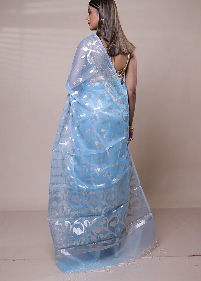 Blue Organza Saree With Blouse Piece - Image 3