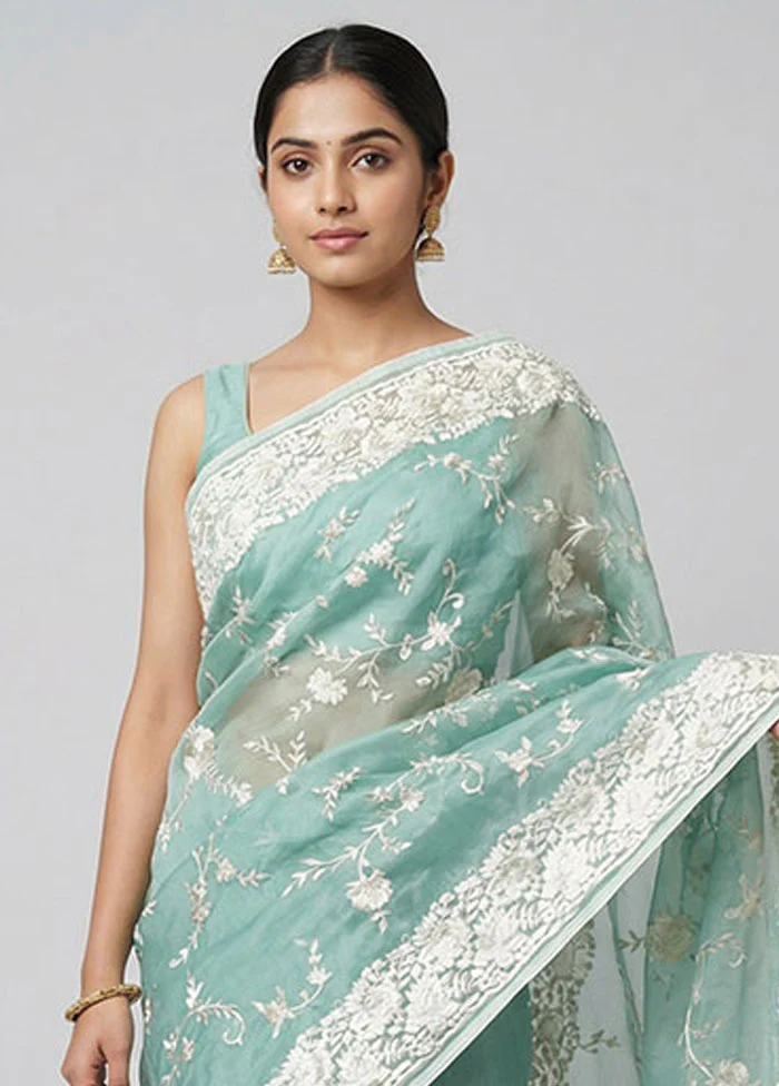 Blue Organza Saree With Blouse Piece - Image 2