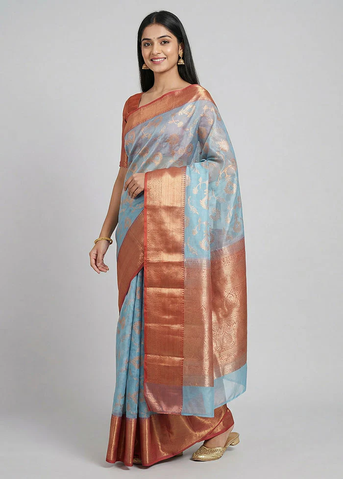 Blue Organza Saree With Blouse Piece