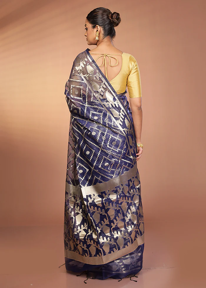 Blue Organza Saree With Blouse Piece - Image 3