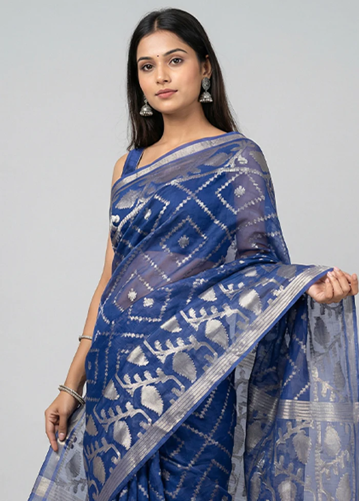 Blue Organza Saree With Blouse Piece - Image 2