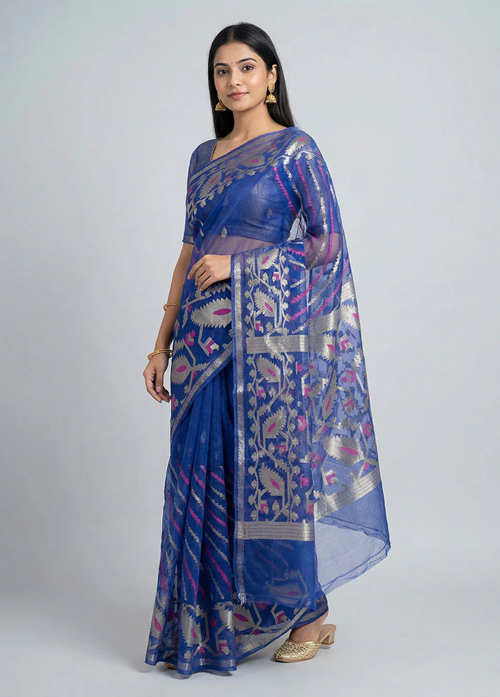 Blue Organza Saree With Blouse Piece