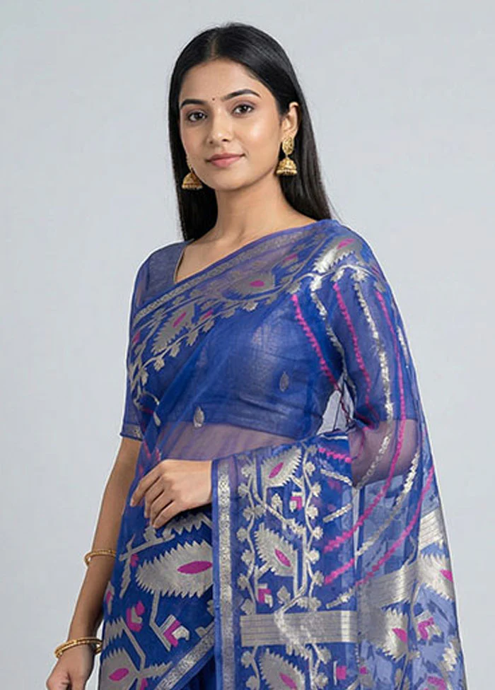 Blue Organza Saree With Blouse Piece - Image 2