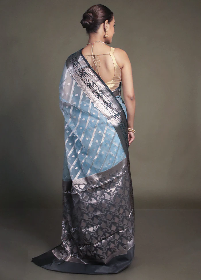 Blue Organza Saree With Blouse Piece - Image 3