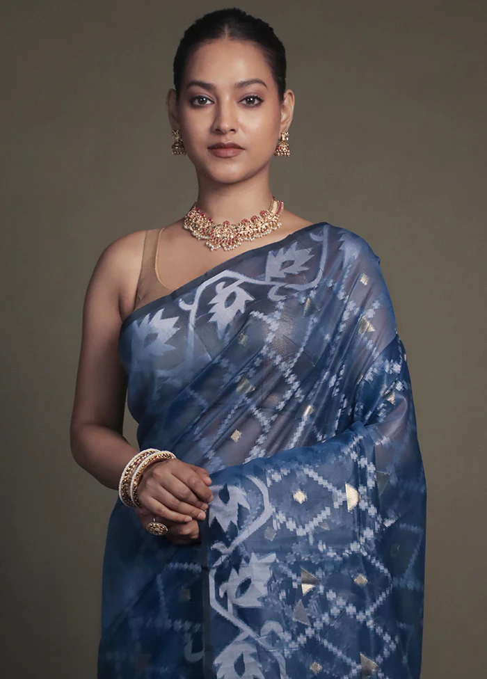 Blue Organza Saree With Blouse Piece - Image 2