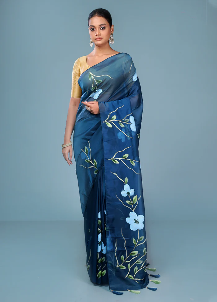 Blue Organza Saree With Blouse Piece - Image 2