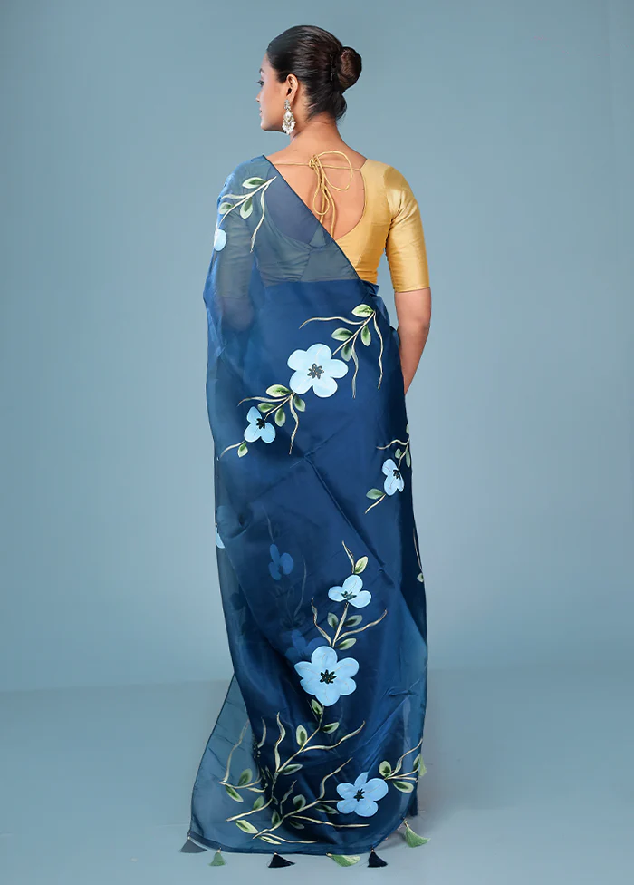 Blue Organza Saree With Blouse Piece - Image 3