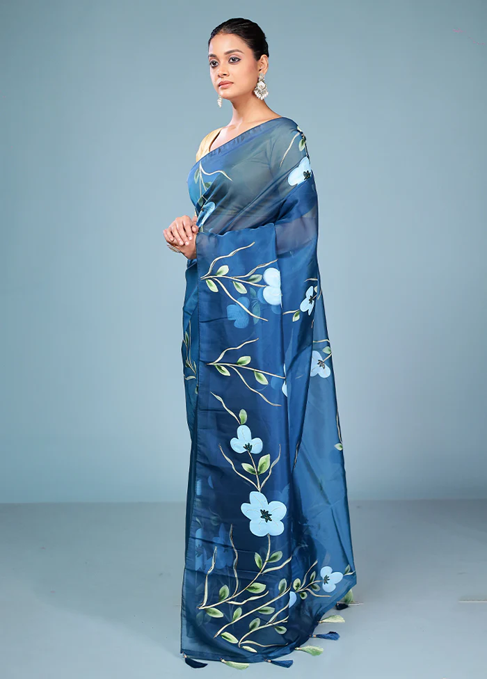 Blue Organza Saree With Blouse Piece - Image 4