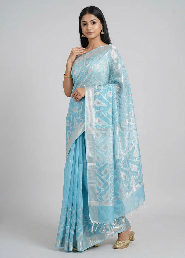 Blue Organza Saree With Blouse Piece