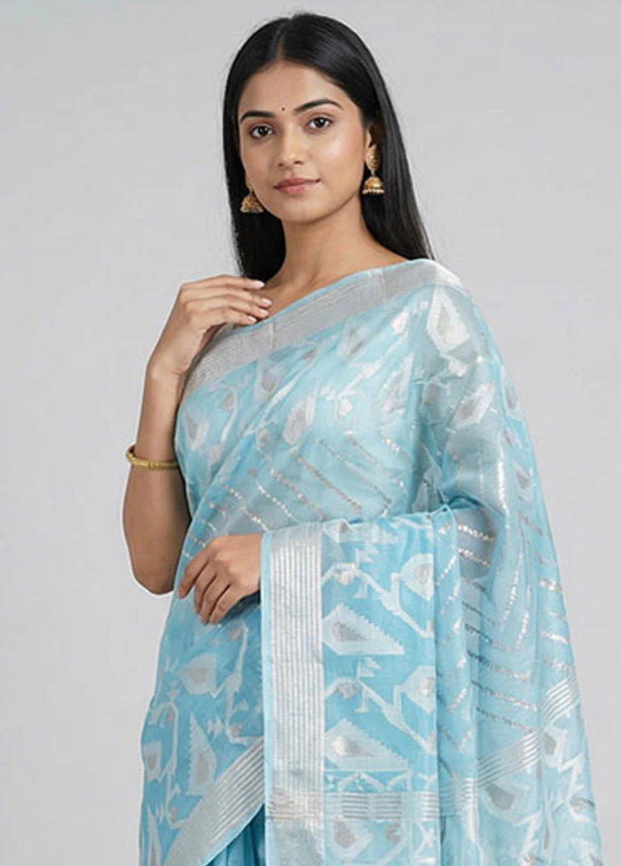 Blue Organza Saree With Blouse Piece - Image 2