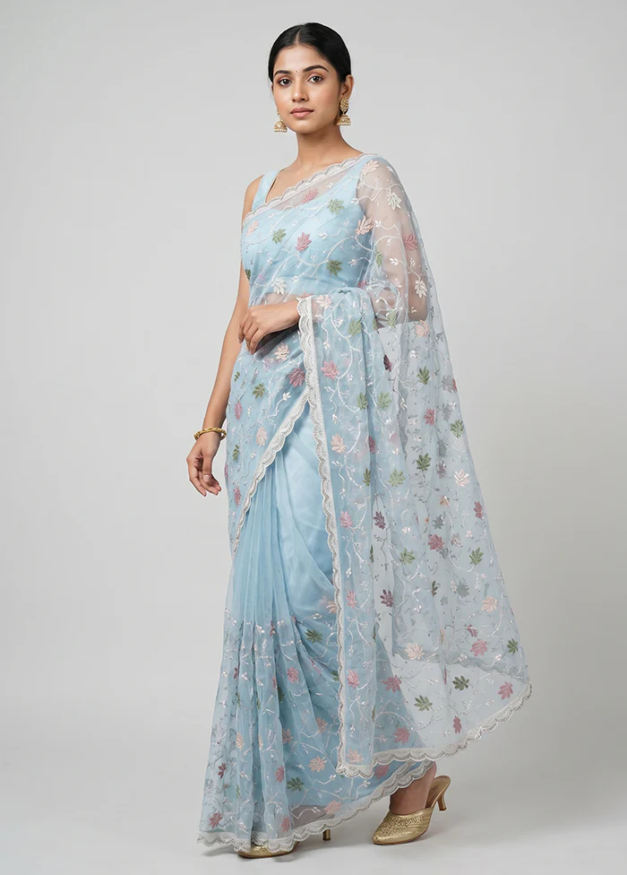Blue Organza Saree With Blouse Piece