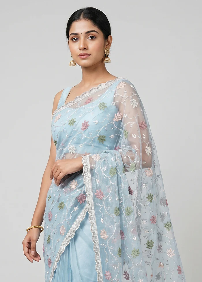 Blue Organza Saree With Blouse Piece - Image 2