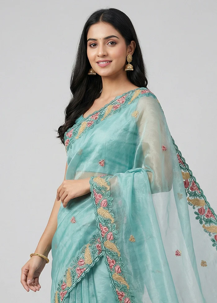 Blue Organza Saree With Blouse Piece - Image 2