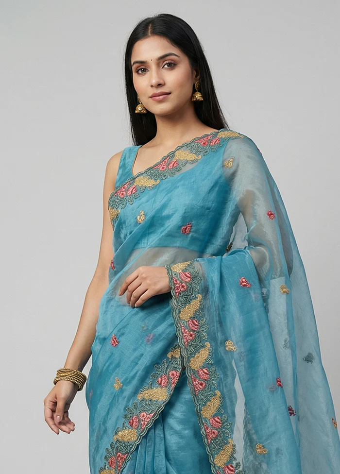 Blue Organza Saree With Blouse Piece - Image 2