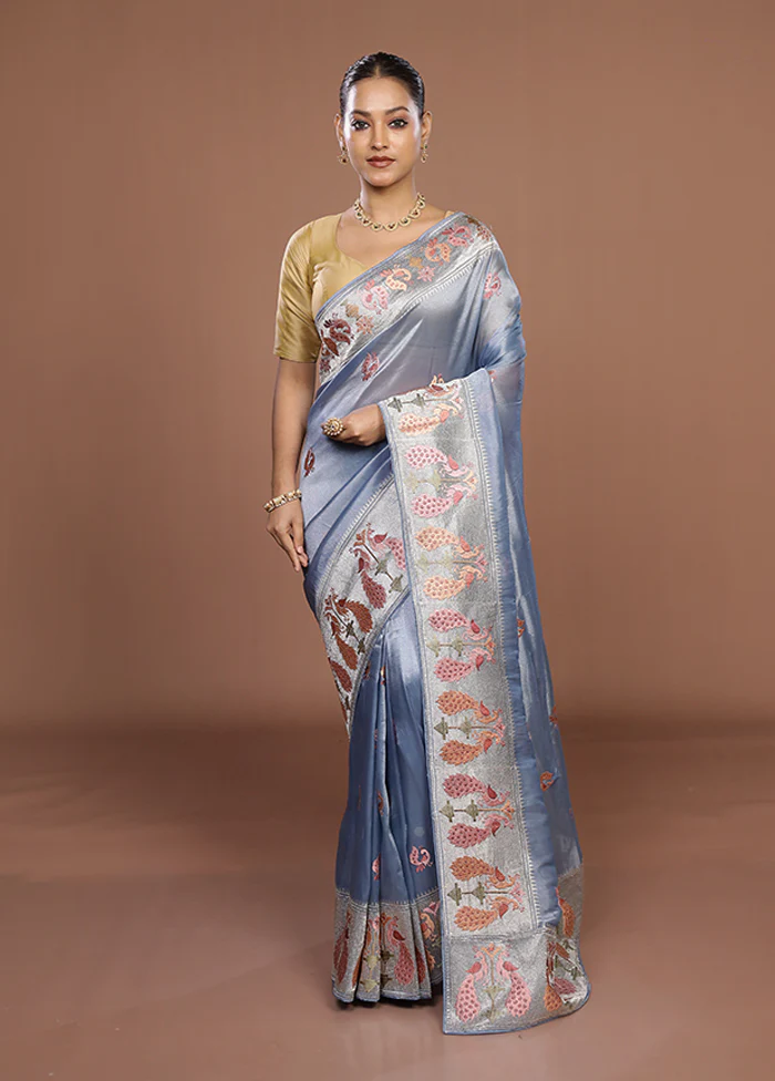 Blue Organza Saree With Blouse Piece - Image 2