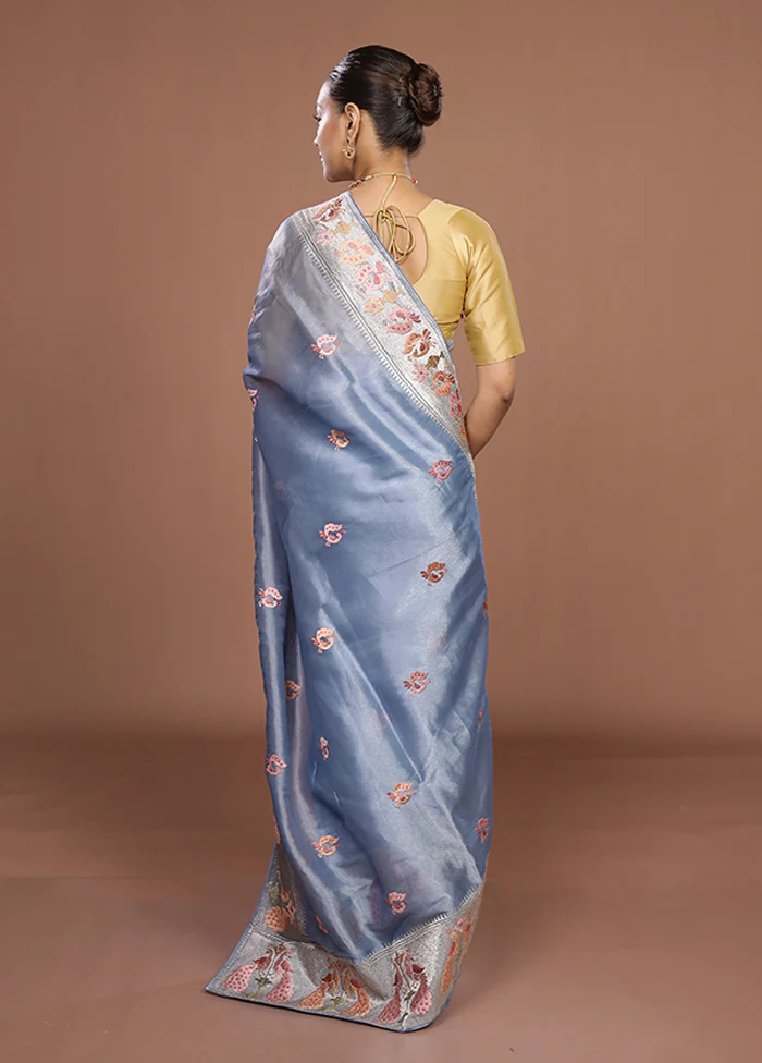 Blue Organza Saree With Blouse Piece - Image 3