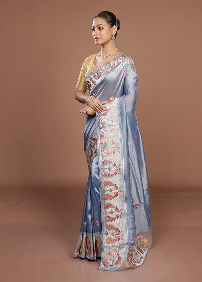 Blue Organza Saree With Blouse Piece - Image 4