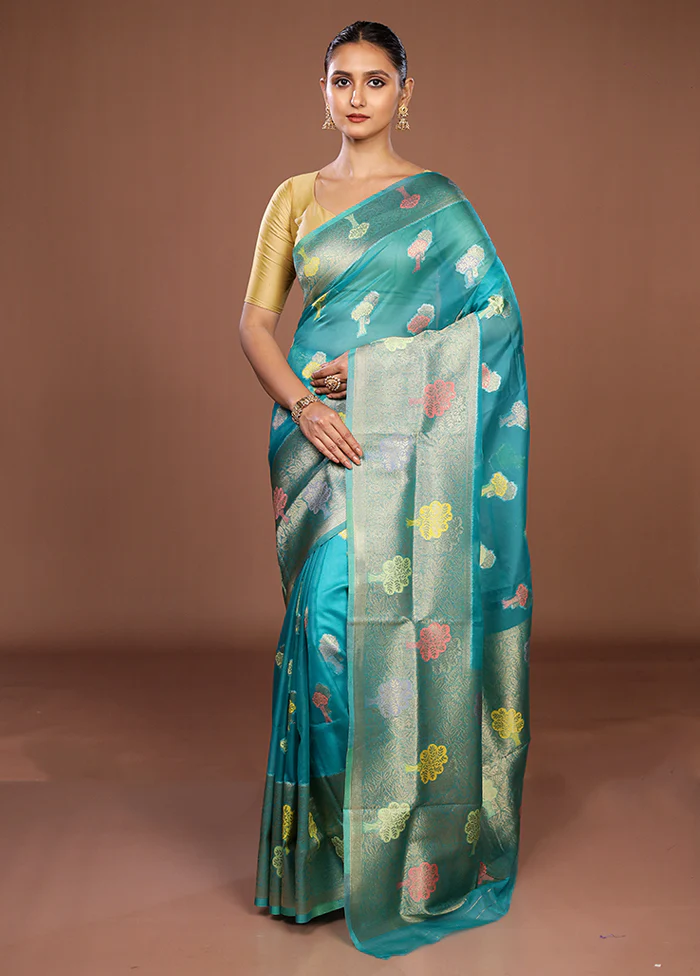 Blue Organza Saree With Blouse Piece - Image 2