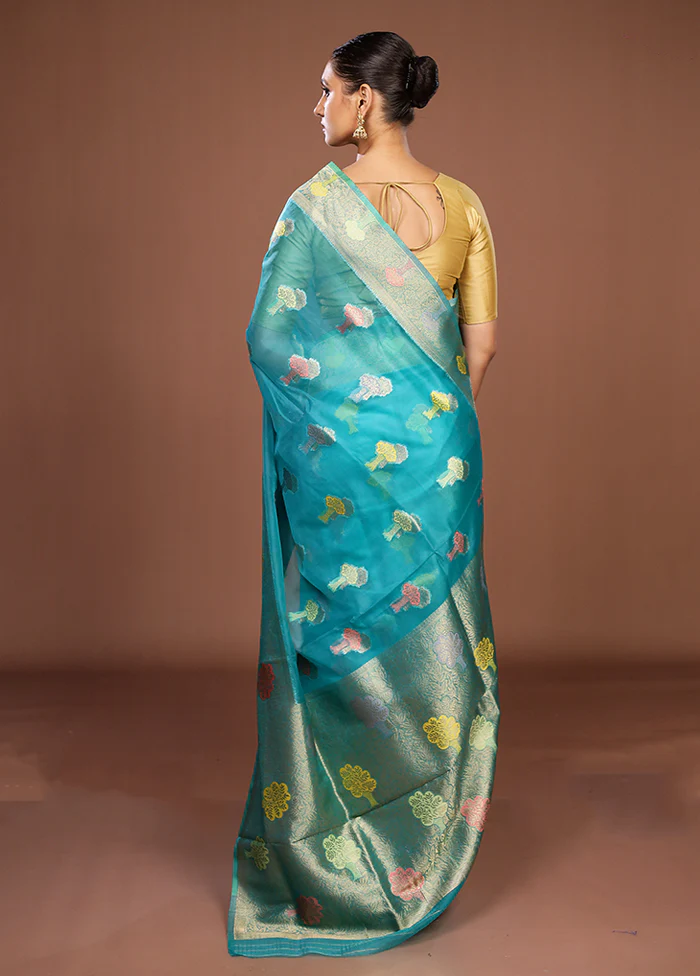Blue Organza Saree With Blouse Piece - Image 3