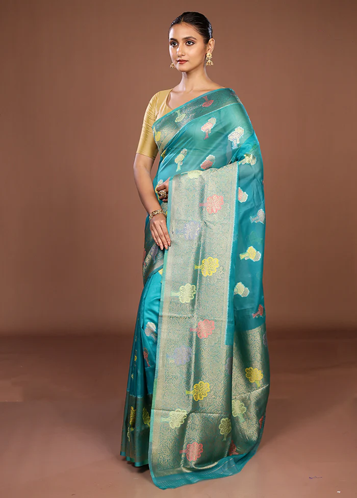 Blue Organza Saree With Blouse Piece - Image 4