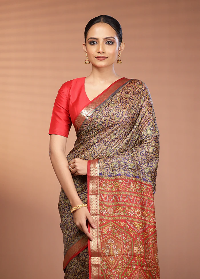 Blue Printed Silk Saree Without Blouse Piece