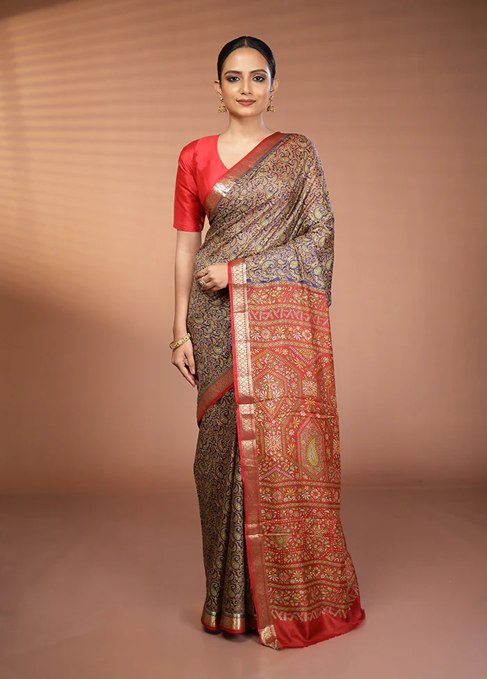 Blue Printed Silk Saree Without Blouse Piece - Image 2
