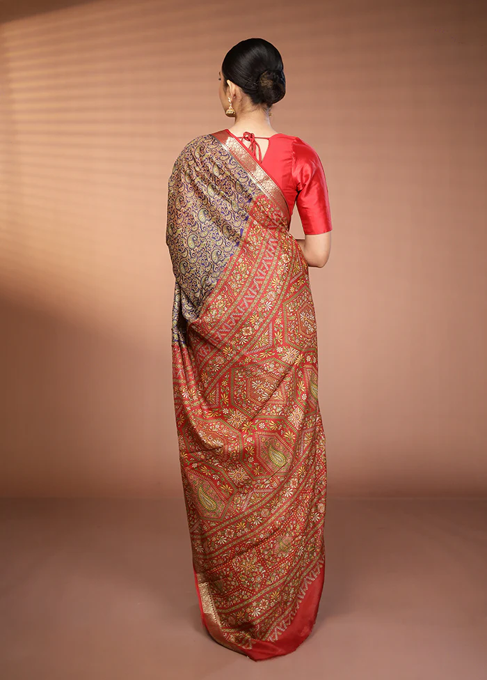 Blue Printed Silk Saree Without Blouse Piece - Image 3