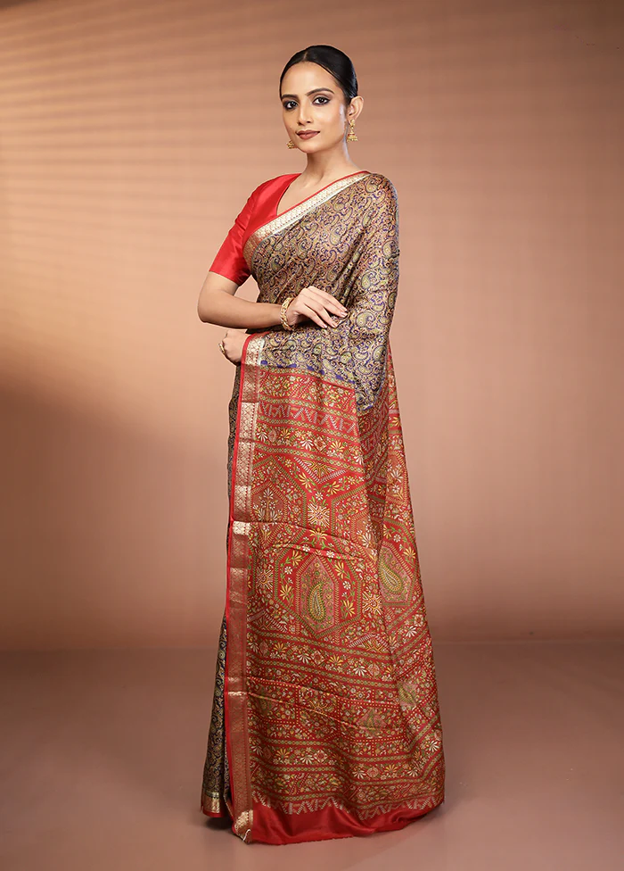 Blue Printed Silk Saree Without Blouse Piece - Image 4