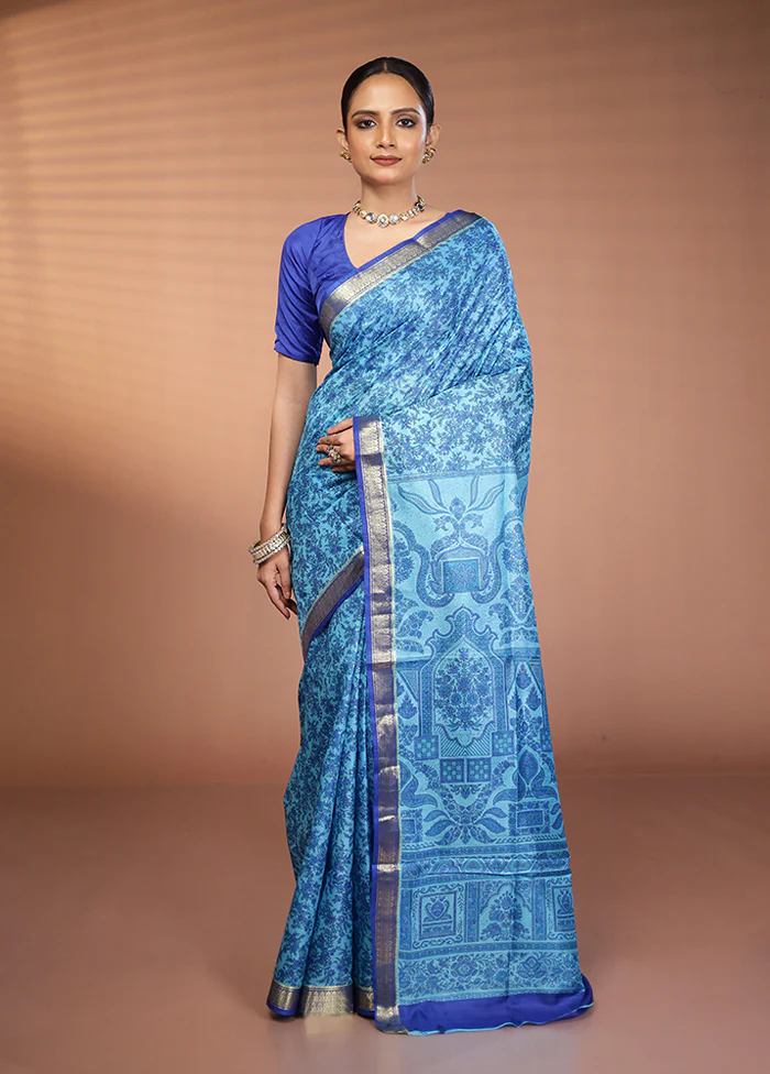 Blue Printed Pure Silk Saree Without Blouse Piece - Image 2
