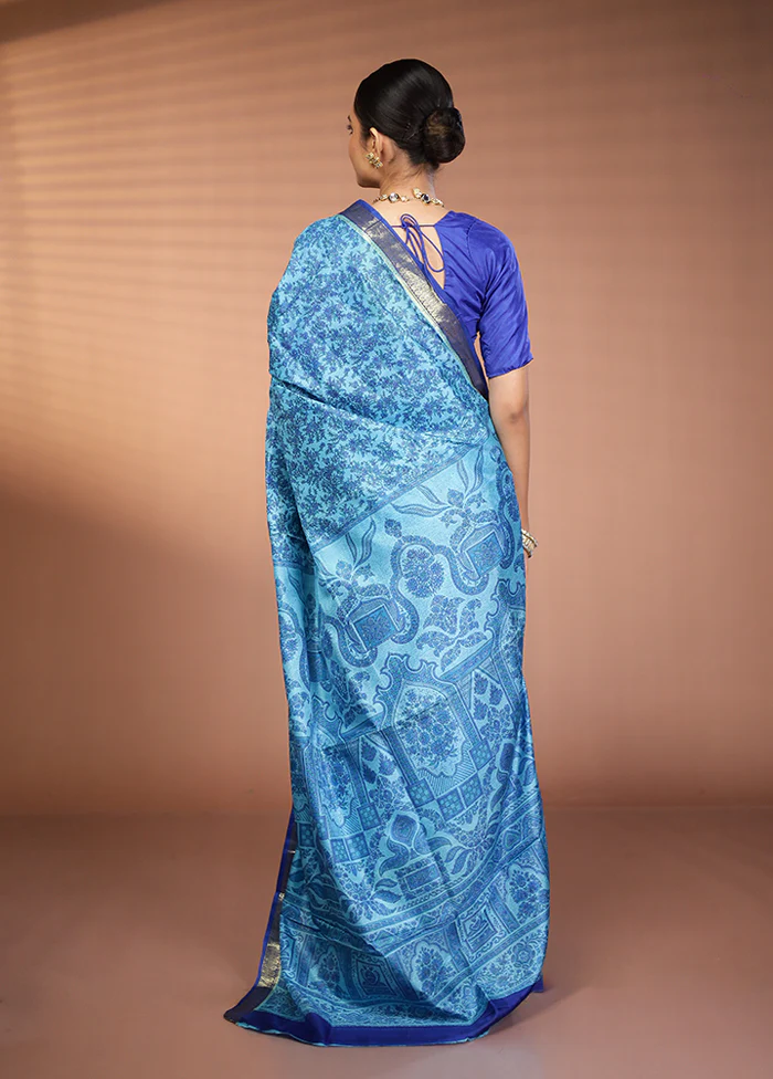 Blue Printed Pure Silk Saree Without Blouse Piece - Image 3