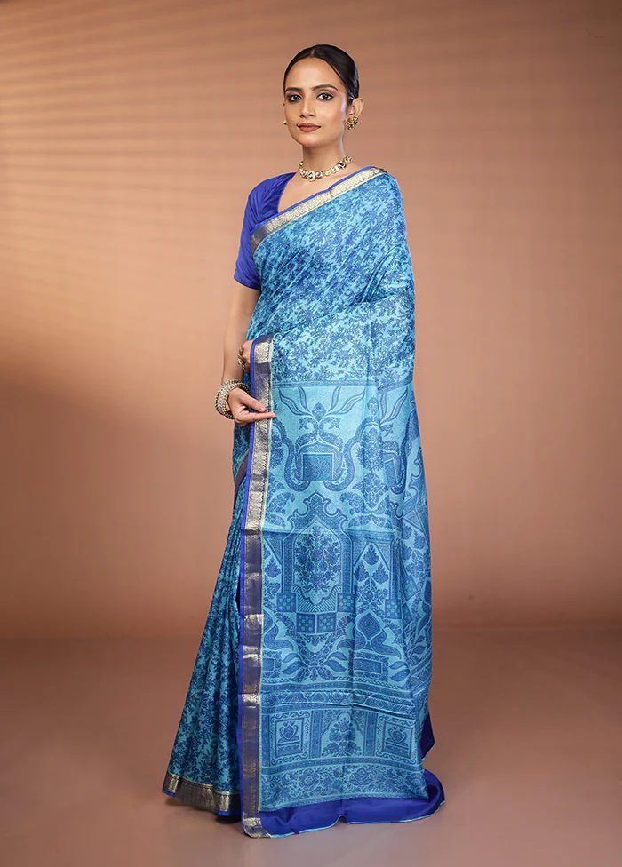 Blue Printed Pure Silk Saree Without Blouse Piece - Image 4