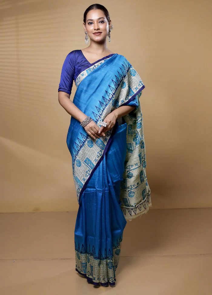 Blue Printed Pure Silk Saree Without Blouse Piece - Image 2