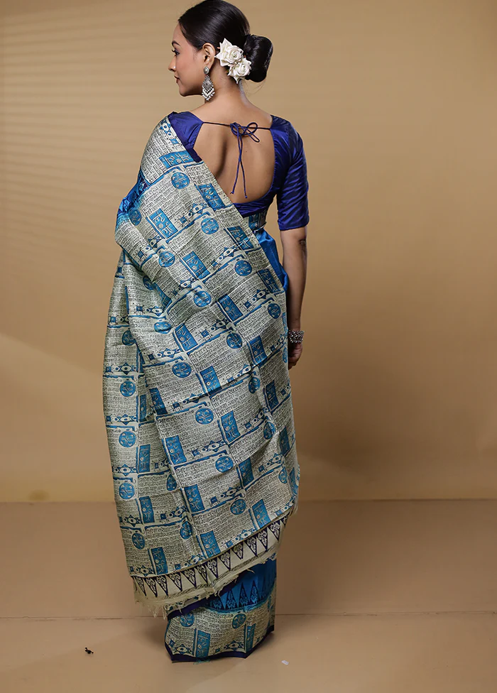 Blue Printed Pure Silk Saree Without Blouse Piece - Image 3