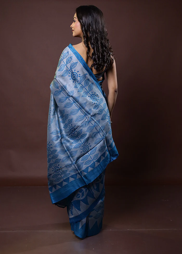 Blue Printed Pure Silk Saree Without Blouse Piece - Image 3