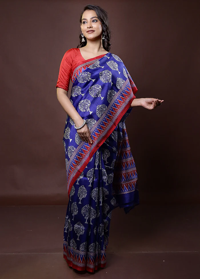 Blue Printed Pure Silk Saree Without Blouse Piece - Image 2