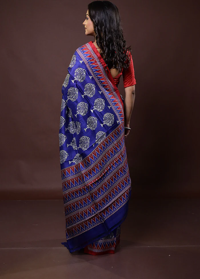 Blue Printed Pure Silk Saree Without Blouse Piece - Image 3