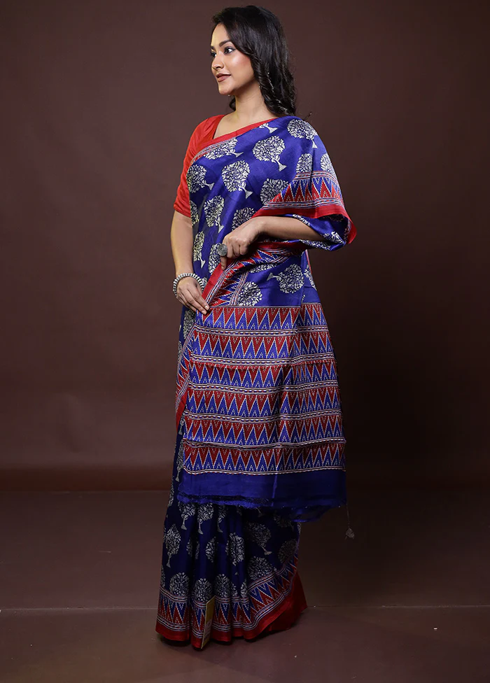 Blue Printed Pure Silk Saree Without Blouse Piece - Image 4