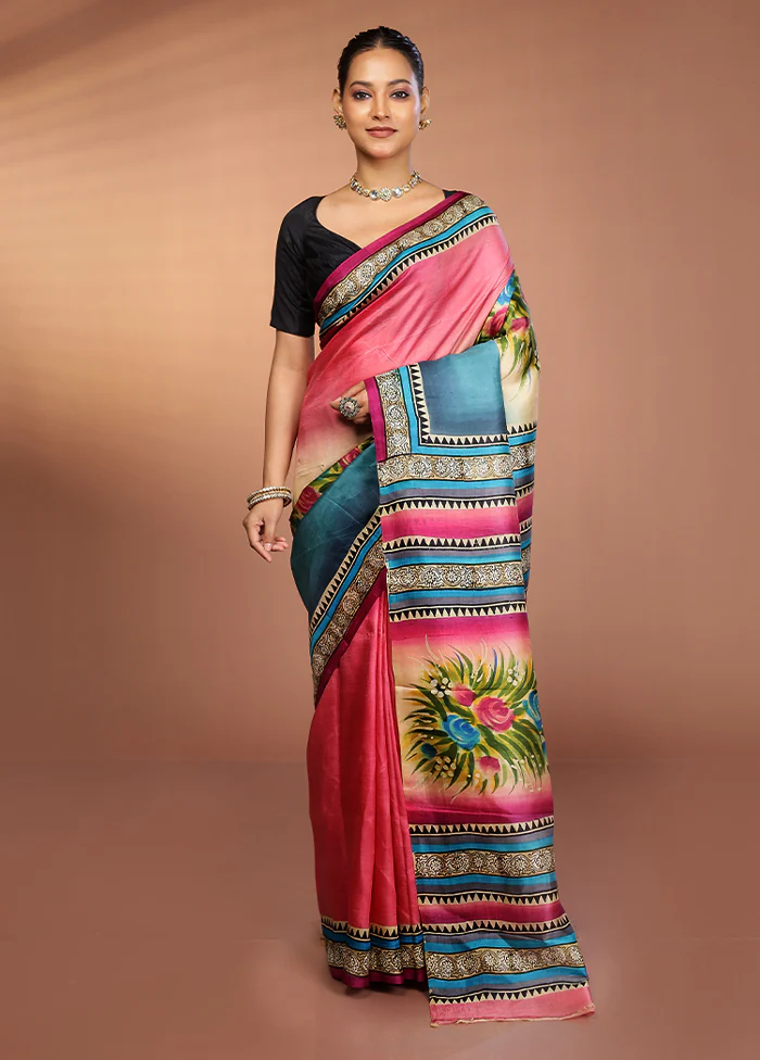 Blue Printed Pure Silk Saree Without Blouse Piece - Image 2