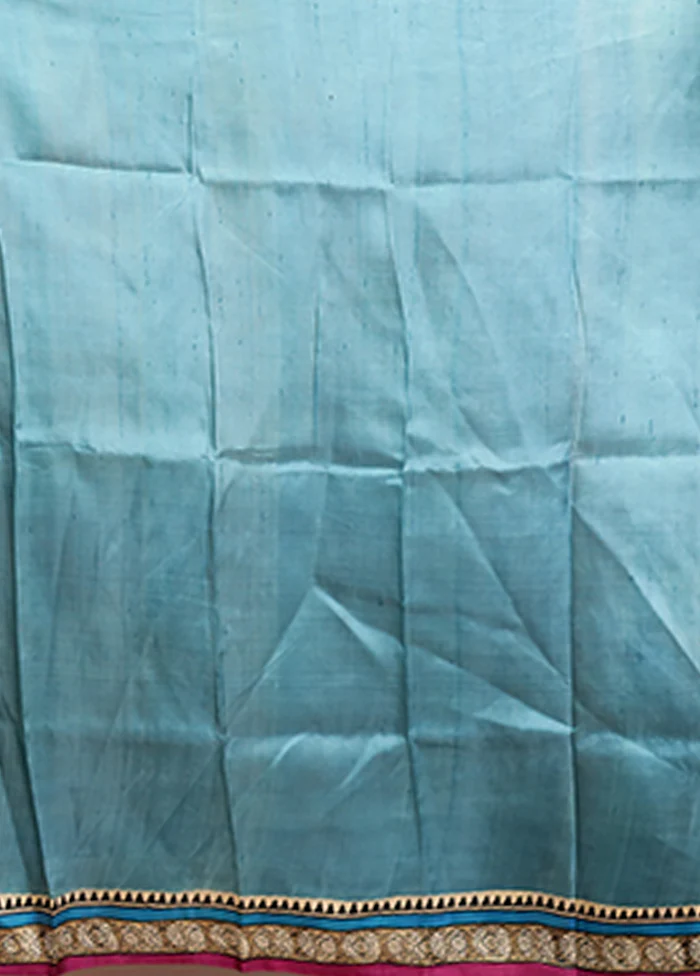Blue Printed Pure Silk Saree Without Blouse Piece - Image 5