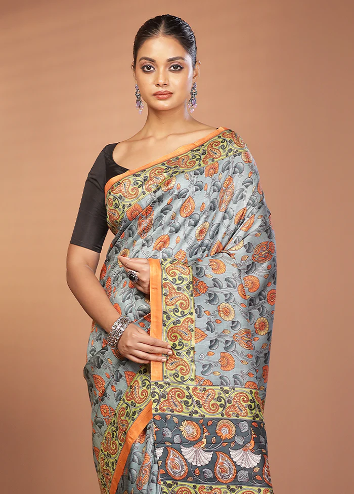 Blue Printed Silk Saree Without Blouse Piece