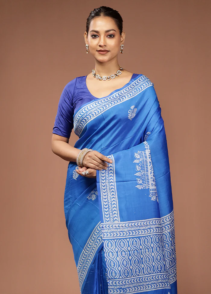 Blue Printed Pure Silk Saree Without Blouse Piece